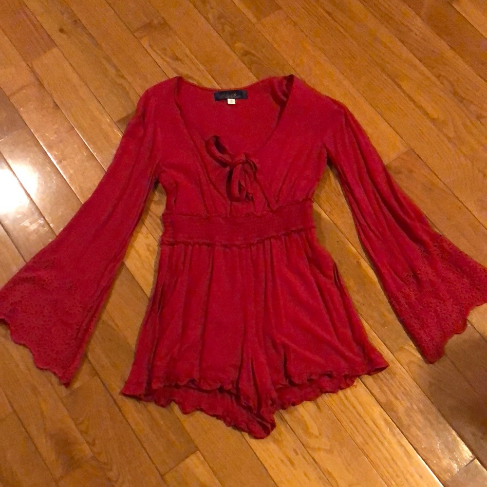 Long sleeve embroidered tie front short romper